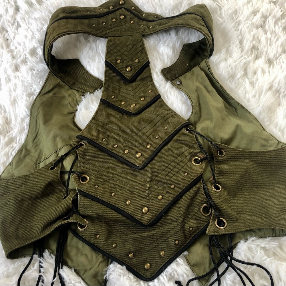 Creatura Festival Vest - high collar green studded short vest - Picture 4 of 15